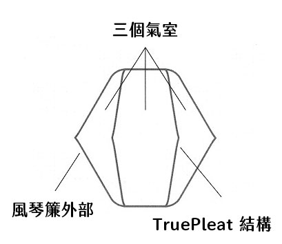 蜂巢簾的結構。蜂巢形成三個氣室，中間的空氣就是降低熱傳導的關鍵。布料內外材質也能有效阻熱節能。